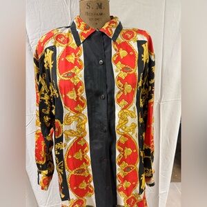 VTG Stunt Collections 100% Silk Blouse Large Baroque Chain Print 80s Maximalist